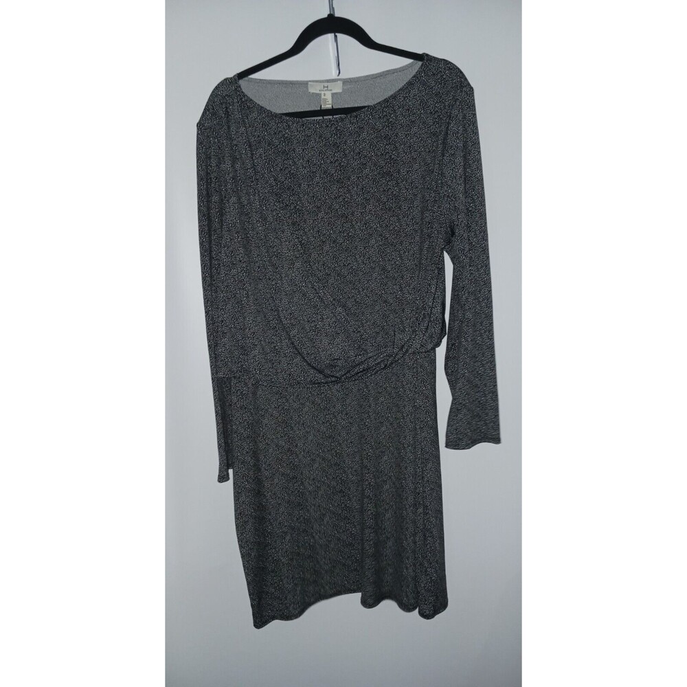 H by Halston Dress XL Black White Speck Draped Waist Round Neck Long Sleeve Midi